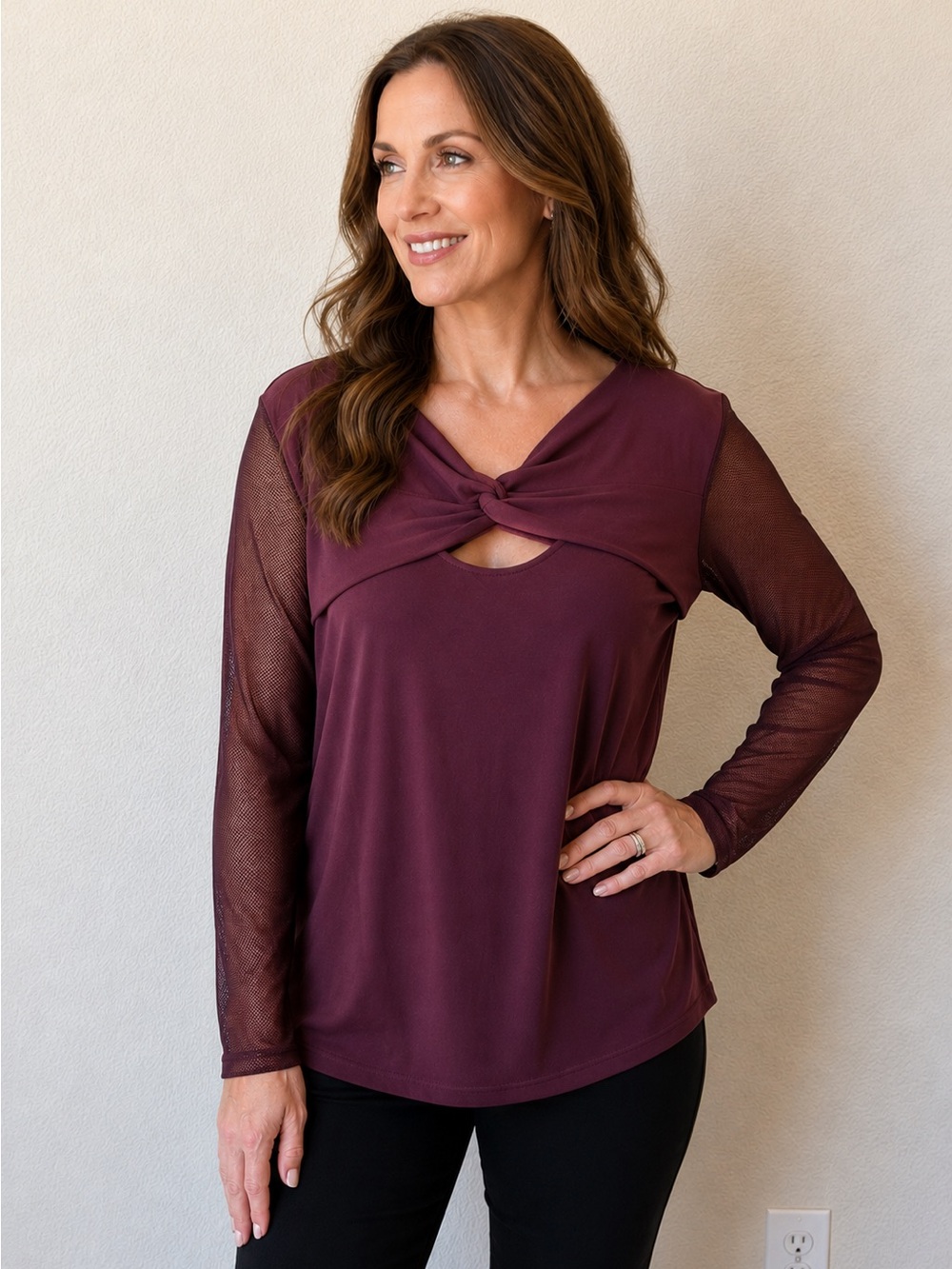 Calvin Klein Twist-Knot Long Sleeve Top - Plum